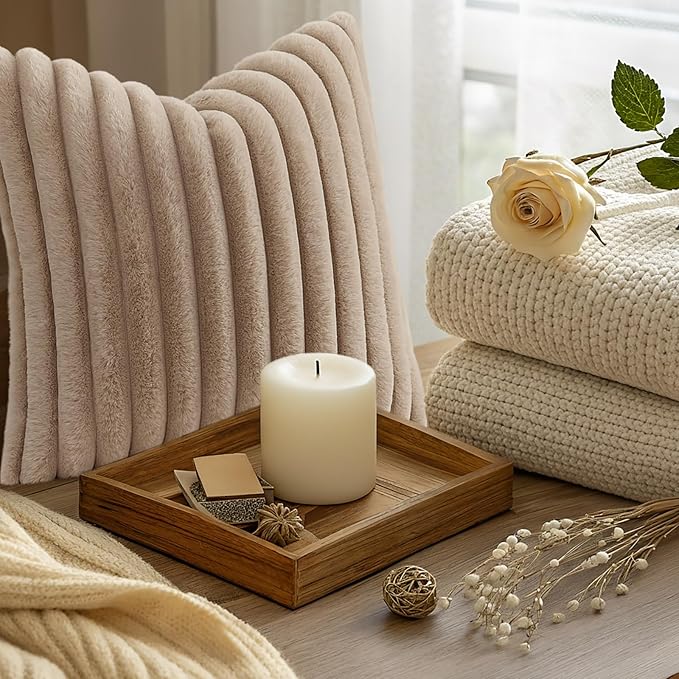 decorUhome Cozy Faux Fur Throw Pillow Covers 16x16 Set of 2 Decorative Soft Plush Striped Modern Farmhouse Boho Couch Pillow Cases with Velvet Back for Sofa Bed Living Room, Khaki Brown