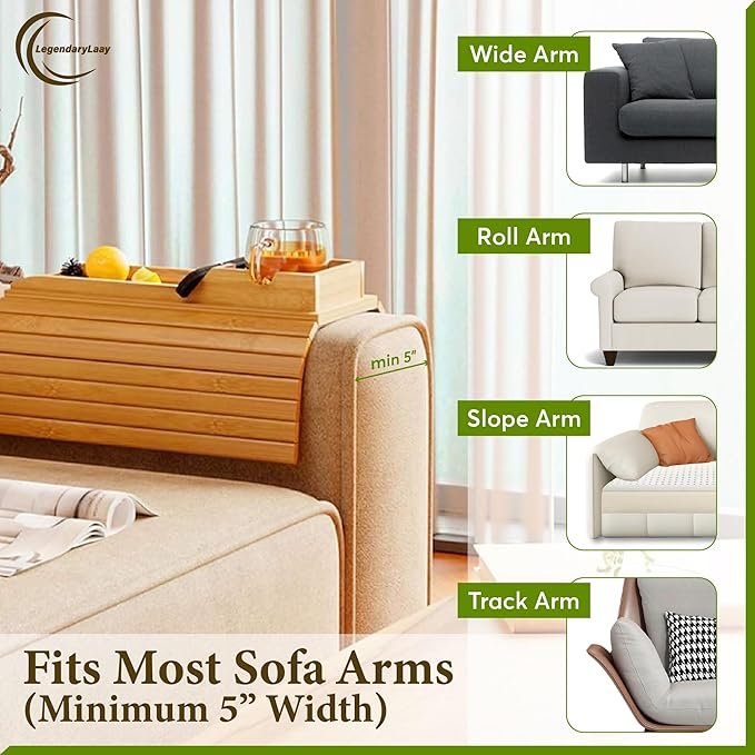 Couch Cup Holder & Bamboo Armrest Tray – Foldable Non-Slip Sofa Arm Table for Drinks, Snacks, Remote Control & Phone