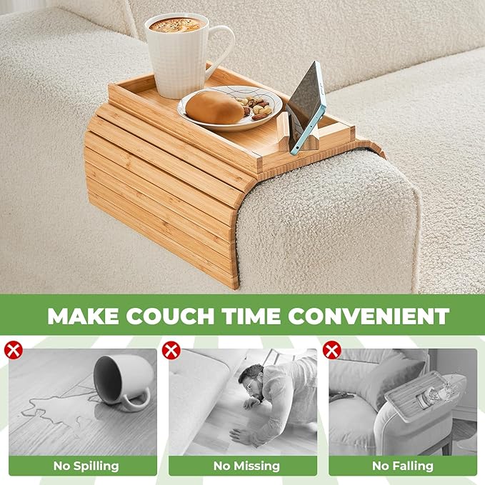 LOVYANXUE Bamboo Sofa Arm Tray, Anti Falling Couch Arm Tray Armrest Table with 360° Rotating Phone Holder, Foldable and Portable Sofa Armrest Trays Cup Holder for Drink,Cups, Phone, Snacks, Remote