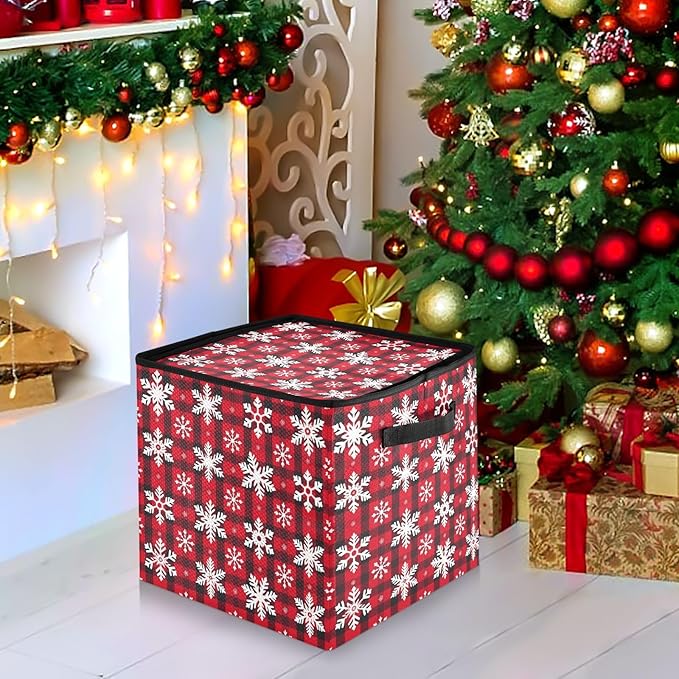 Red Buffalo Plaid Christmas Ornament Storage Basket Box Snowflake Winter Holiday Storage Container Cube with Adjustable Dividers for 64 Holiday Ornaments Decorations Keeps Clean Dry for Next Season