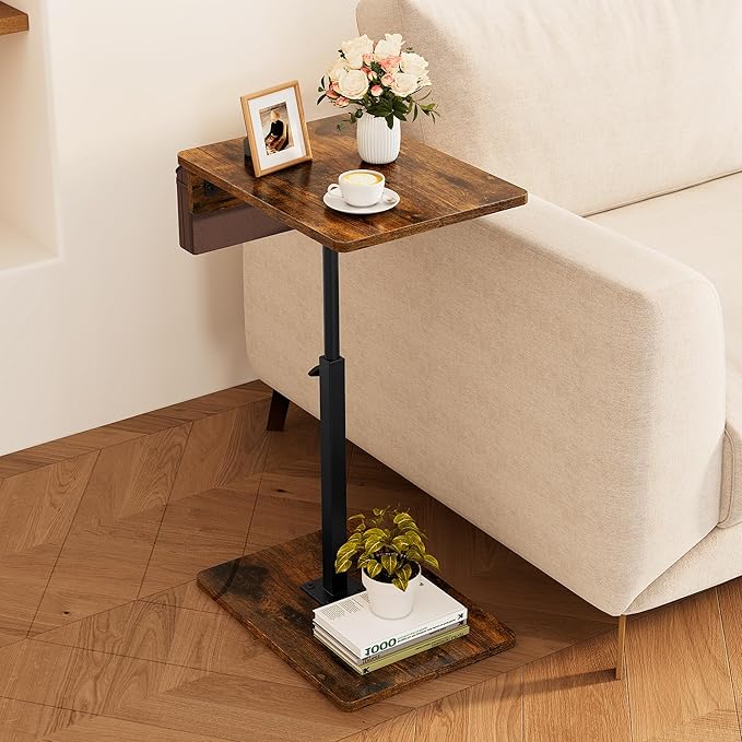 Vagusicc Sofa Armrest Tray Table for Couch, 360° Swivel Height Adjustable TV Tray Table for Small Spaces, Snack Side Table for Couch, Bed, Chair, C Shaped End Side Table for Eating, Reading, Laptop