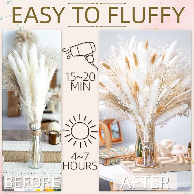 floradream 95 PCS Natural Pampas Grass Decor Bouquet | Boho Dried Floral Arrangement Centerpiece Table Decor Wedding Decor Rustic Decor, Natural, white, beige (Fdm-b-01)