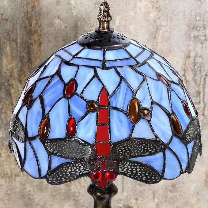 MIAOKE Stained Glass Table Lamp,Stained Glass Crystal Bead Style Table Light, Handmade Desk Bedside Night Light, Antique Art Craft Gifts Lover Living Room Bedroom Bookcase(Blue Dragonfly)
