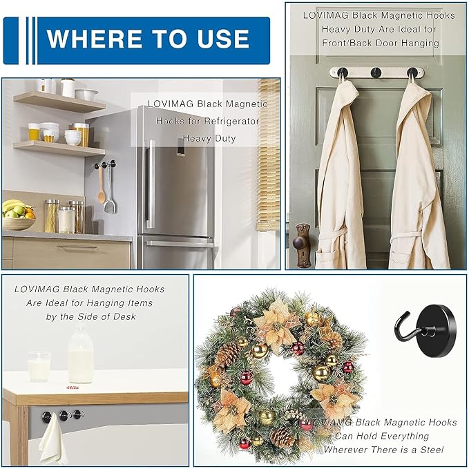 LOVIMAG Heavy Duty Magnetic Hooks Neodymium, 130lbs Magnetic Hooks for Cruise Cabins, Cruise Must Haves, Strong Magnets Hooks with Epoxy Coating for Travel, Hanging - 12 Pcs