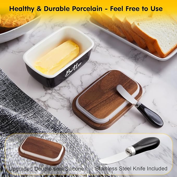 ALELION Black Butter Dish with Lid and Knife for Countertop - Airtight Ceramic Butter Keeper Container with Thick Acacia Wood Lid for Counter or Fridge - for Farmhouse Kitchen Decor and Accessories