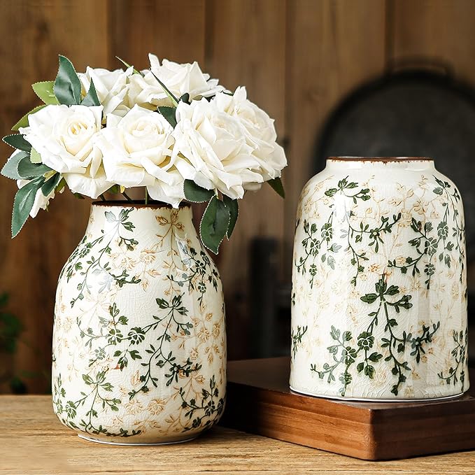 for Mom from Daughter or Son, Vintage Green Chinoiserie Ceramic Vase 7.8”, Ice Crack Floral Retro Decorative Vase for Living Room, Bookshelf, Office, Grandmillennial Decor