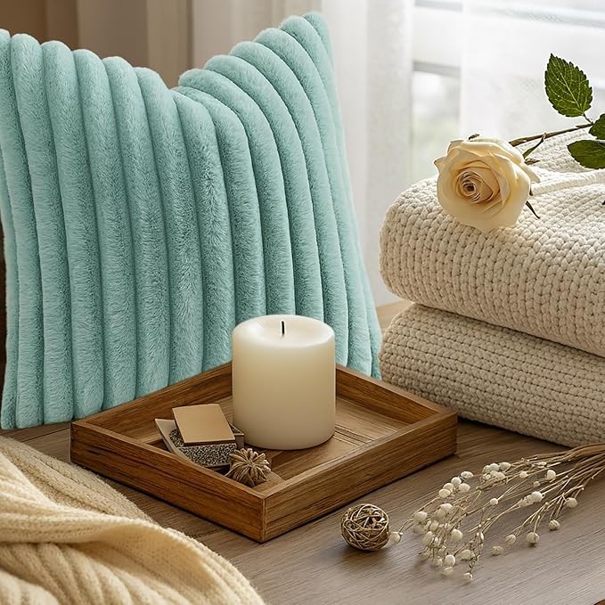 decorUhome Summer Cozy Faux Fur Throw Pillow Covers 20x20 Set of 2 Decorative Soft Plush Striped Modern Farmhouse Boho Couch Pillow Cases with Velvet Back for Sofa Bed Living Room, Aqua