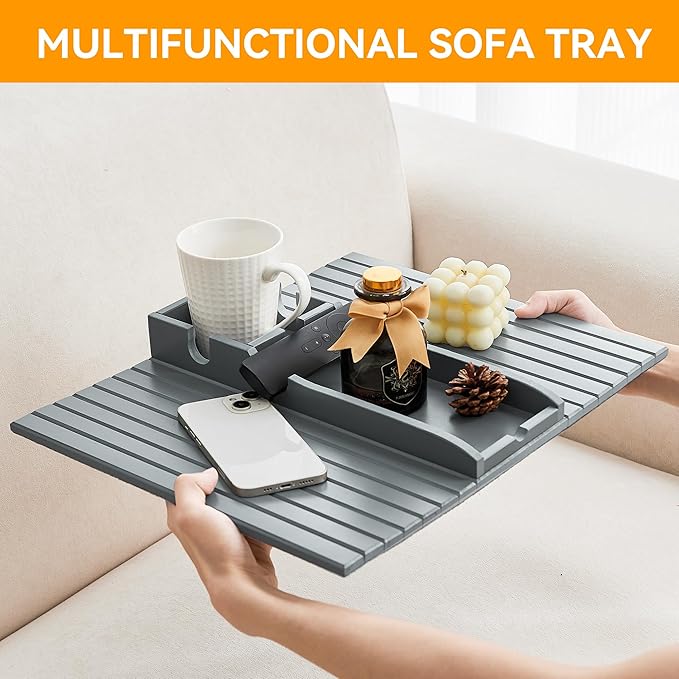 GEHE Bamboo Couch Cup Holder, Anti-Spill Sofa Arm Tray, Natural and Easy to Clean Couch Arm Cup Holder Armrest Tray Perfect for Cups, Beers, Snacks, Remote Control, Drinks