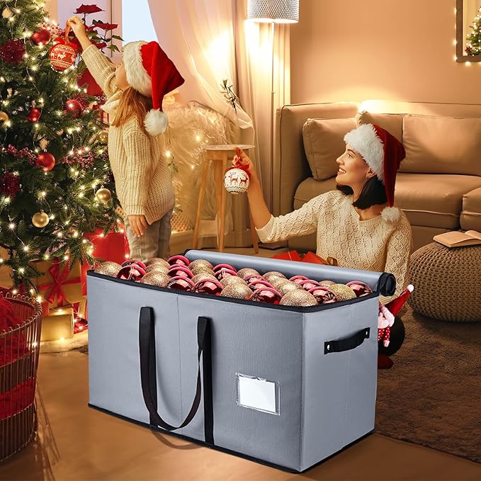 Mrrihand Christmas Ornament Storage Box, Ornament Storage Container with 8 Trays-Xmas Decoration Organizer Keeps 128 Holiday Ornaments 3-Inch, Dual Zipper Closure, 600D Tear-Proof(Grey)