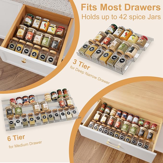 Expandable Spice Drawer Organizer Insert, 6-Pack Kitchen Adjustable Seasoning Rack Tray (13" to 26"), with Anti-Slip Mat, for Cabinet Countertop (Jars Not Included)
