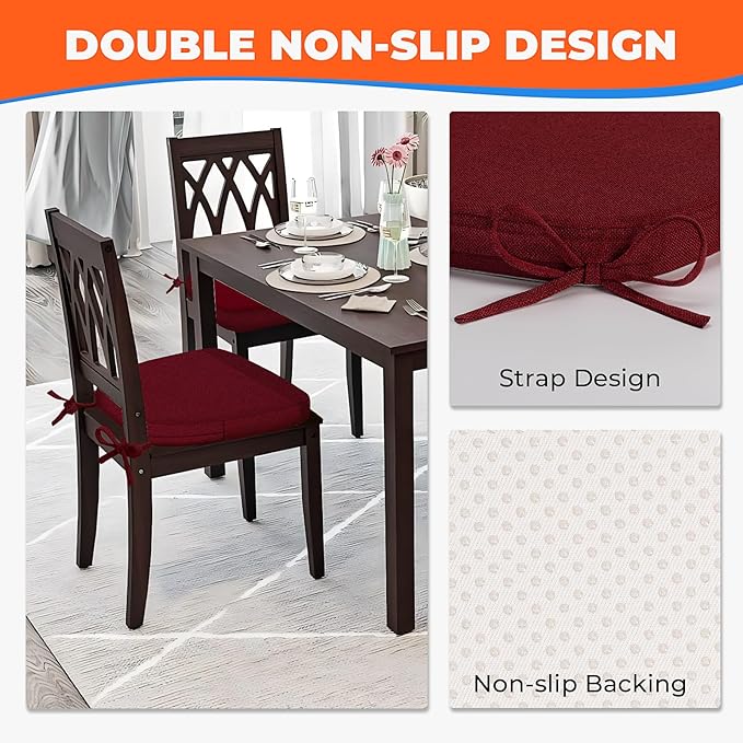 Sunsleek Chair Cushions for Dining Chairs, D-Shaped Seat Cushions with Removable Washable Cover and Ties, Chair Pads for Kitchen, Indoor Dining Room, Patio Chairs, 17'' x 16'', Set of 6, Red