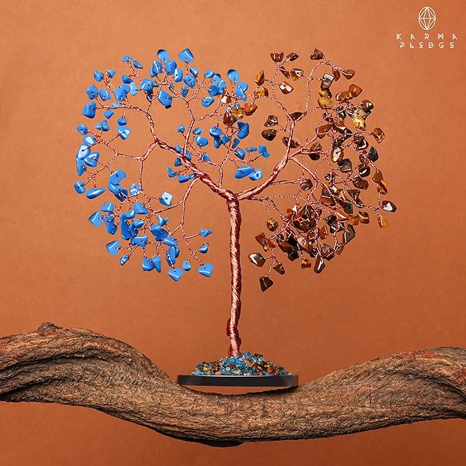 Handmade Healing Crystal Tree of Life Pink Tiger Eye and Turquoise Chakra Tree for Money, Good Luck, Feng Shui Home Decor, Living Room Office Deocration, Unique Birthday Gifts for Women, Men, Mom