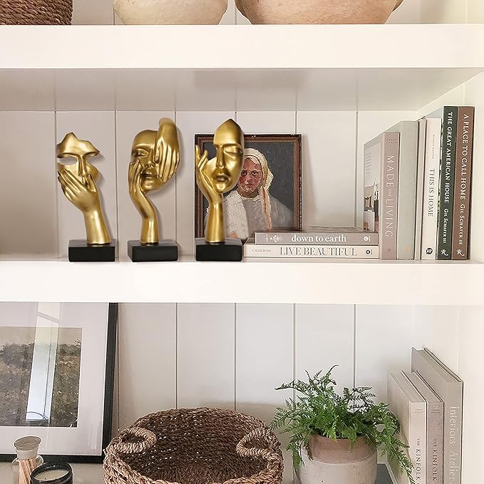 3 Piece Thinker Statue Gold Home Decor Abstract Face Sculpture Resin Thinker Figurines for Desktop Office Desk Living Room Table Collection Figurine Decoration Bookshelf Decorative Objects