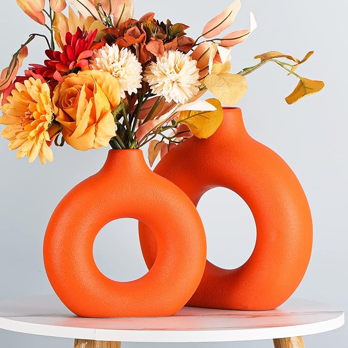 Orange Ceramics Vase for Home Decor,Minimalist Nordic Hollow Donut Vase Set of 2,Modern Boho Decor for Kitchen Table Centerpiece,Living Room,Fire Place,Bookshelf,Office,Entryway,Console
