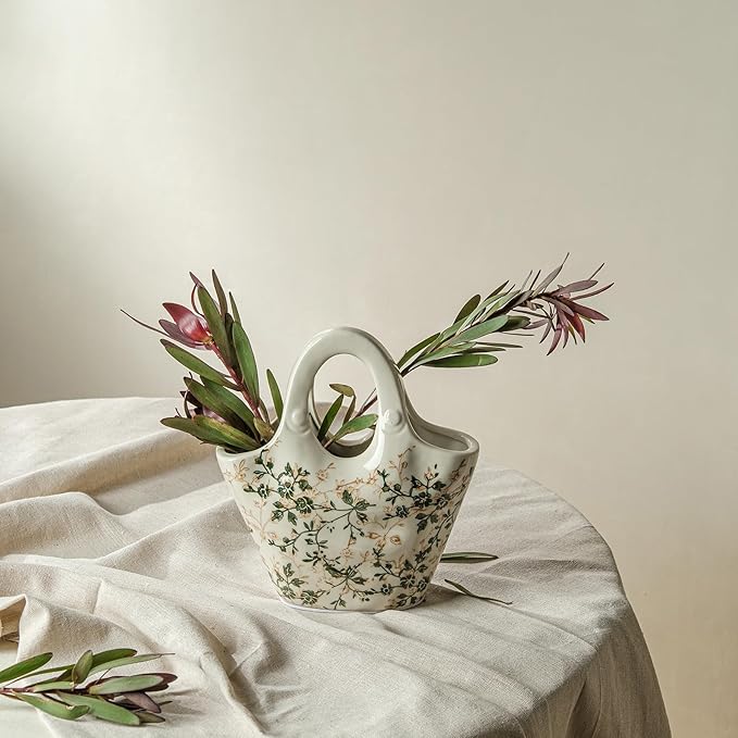 for Mom from Daughter or Son, Ceramic Purse Vase 9”, Vintage Green & Beige Floral Handbag Vase, Rustic Farmhouse Decor for Living Room, Bedroom, Table Centerpiece, Chinoiserie Style