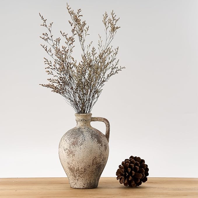 PORCER Antique Ceramic Vase, 8.3 Inch Terracotta Vase with Handle, Tuscan Decor Decorative Vase, Rustic Vase for Home Decor, Farmhouse, Living Room, Floor, Wedding, Christmas- Gray