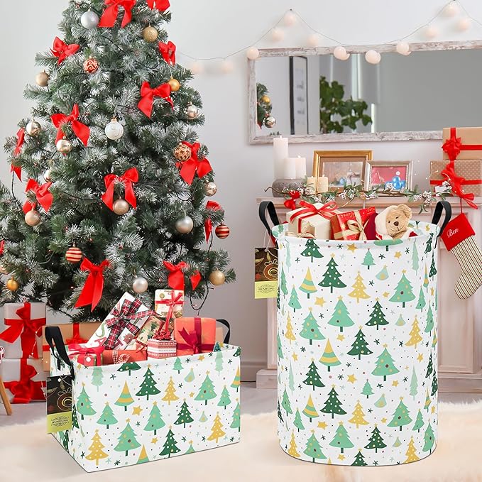 HUNRUNG Collapsible Fabric Storage Basket, Waterproof Laundry Hamper with Handles, Round Storage Bin for Clothes Toys, Foldable Organizer for Bedroom Nursery Bathroom(Round-Christmas tree)