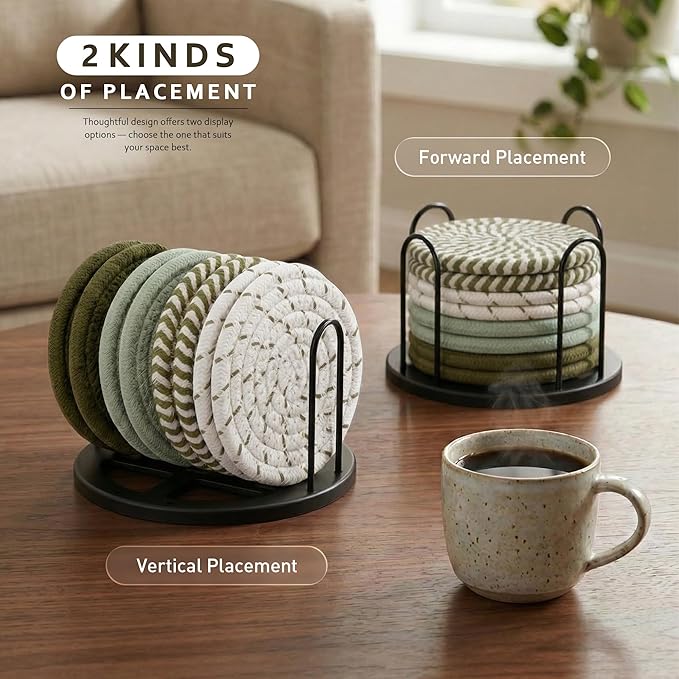 Lazebox Coasters Set of 8 for Drinks, Beer, Coffee, Cotton Woven 4 Colors Absorbent Coaster with Holder, Boho Coasters for Home Decor Tabletop Protection Suitable for Kinds of Cups