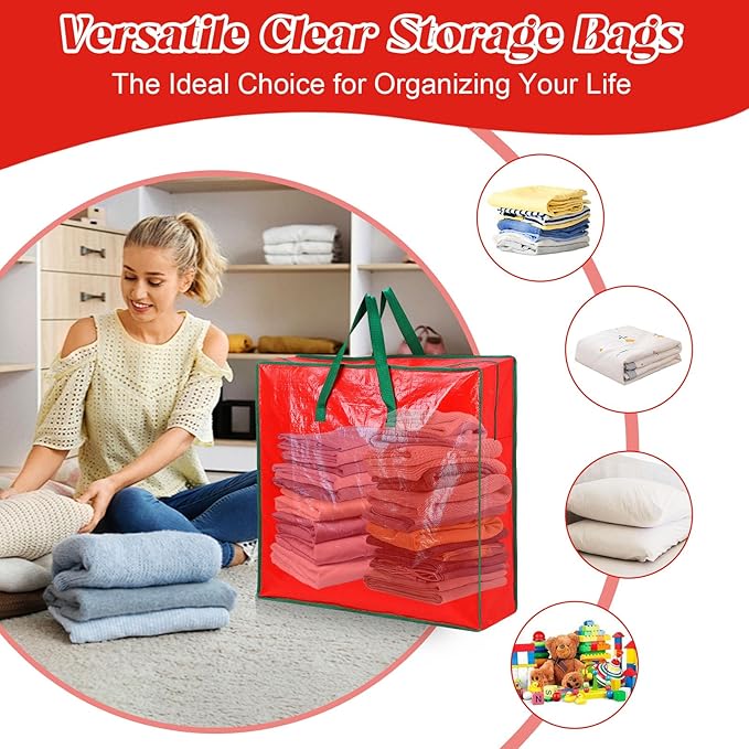 4PCS Christmas Wreath Storage Container, 25" Red Wreath Storage Bags Garland Container Clear Storage Bags with Handles Zippers Christmas Wreath Boxes for Xmas Seasonal Holiday Wreath Garland