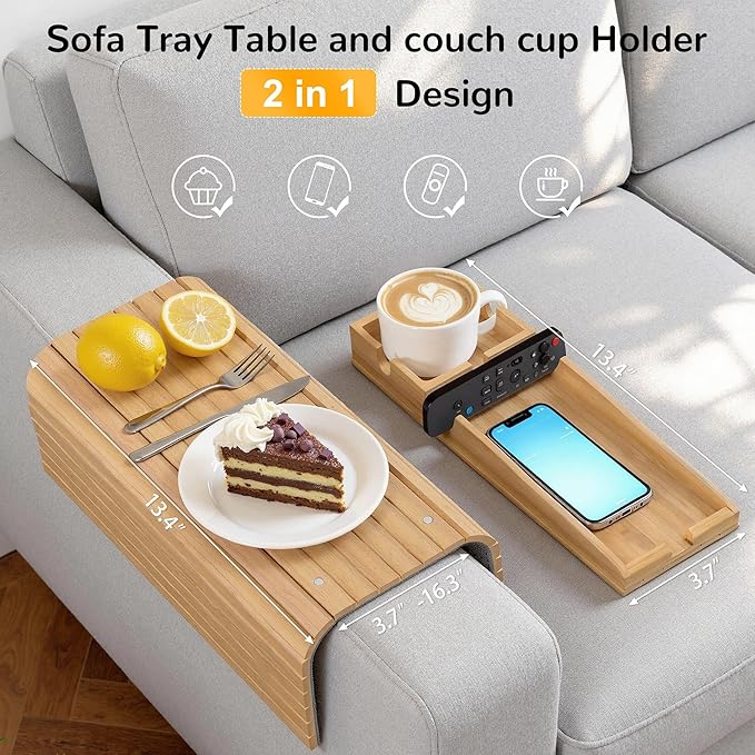 Korser Couch Armrest Table, Sofa Arm Tray with Removable Cup Holder, 2 in 1 Anti-Slip Armrest Tray Table for Couch, Bamboo Foldable Couch Cup Holder for Drinks Snacks Phone Remote Control