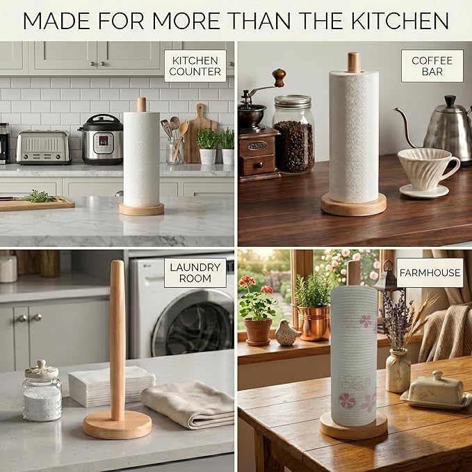 Wooden Paper Towel Holder for Countertop, Solid Beech Wood Stand with Non-Slip Base, Fits Standard Kitchen Rolls, Easy Assembly, Farmhouse Paper Towel Dispenser