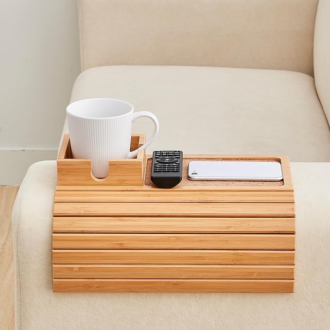 LOVYANXUE Bamboo Couch Cup Holder, Foldable Sofa Arm Tray, Anti-Slip Couch Aremrest Tray Table for Drink, Cup, Remote, Snacks, Cellphone, Portable, Bamboo/Cork Color