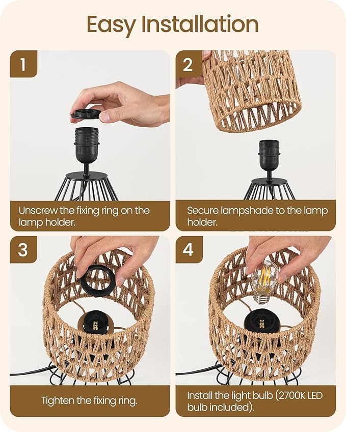 Rattan Table Lamp, Boho Table Lamp, Small Bedside Lamp, Handwoven Paper Lampshade, 2700K LED Bulb Included, Boho Desk Lamp, Modern Nightstand Lamp for Bedroom, Living Room, HW06TL05