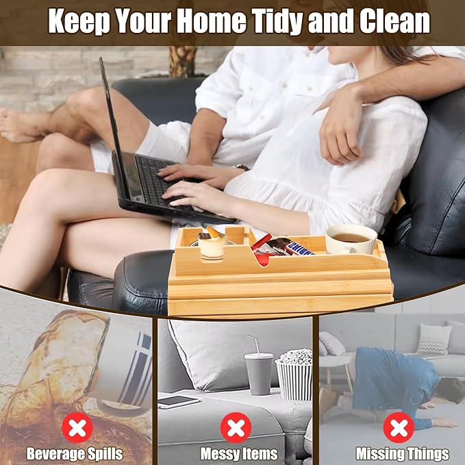 2 Pack Bamboo Couch Cup Holder, Foldable and Anti-Slip Sofa Arm Table with Detachable Sofa Arm Organizer Tray, Portable 2 in 1 Sofa Armrest Tray for Drink, Coffee, Cup, Remote, Snacks, Phone, Glasses