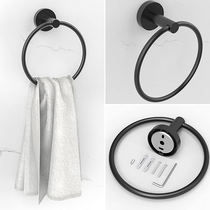 RARXTR 3pc Bathroom Hardware Set with Matte Black Toilet Paper Holder, Towel Ring, Towel Bar SUS304 Stainless Steel Toilet Paper Roll Holder Wall Mount, Bathroom Towel Holder, Towel Rack Set