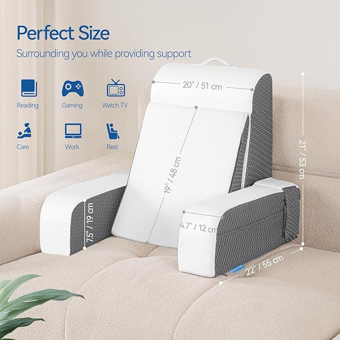 Kayfia Reading Pillow, 10 in 1 Back Pillow for Bed Sitting up with Detachable Arms Rest, Back Rest Pillow with Gel Memory Foam, for Reading/Gaming/Working in Bed or Couch 21'', White