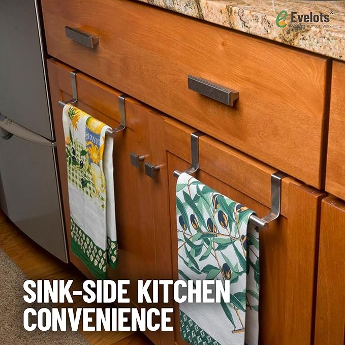 Evelots Towel Hook, Bar Over Cabinet Door - Kitchen, Bathroom - 2 Pack- Hand, Dish Towel Rack Holder - Inside or Outside Door - Brushed Stainless Steel - No Rust - No Scratch - No Installation