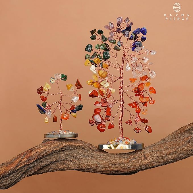 Set of 2 Crystal Trees Unique Birthday Gifts for Women, Mom & Dad, Slice Base Handmade Reiki Healing Stones for Home, Office Desk Decor, Bring Money, Positivity, Spiritual Good Luck Gifts