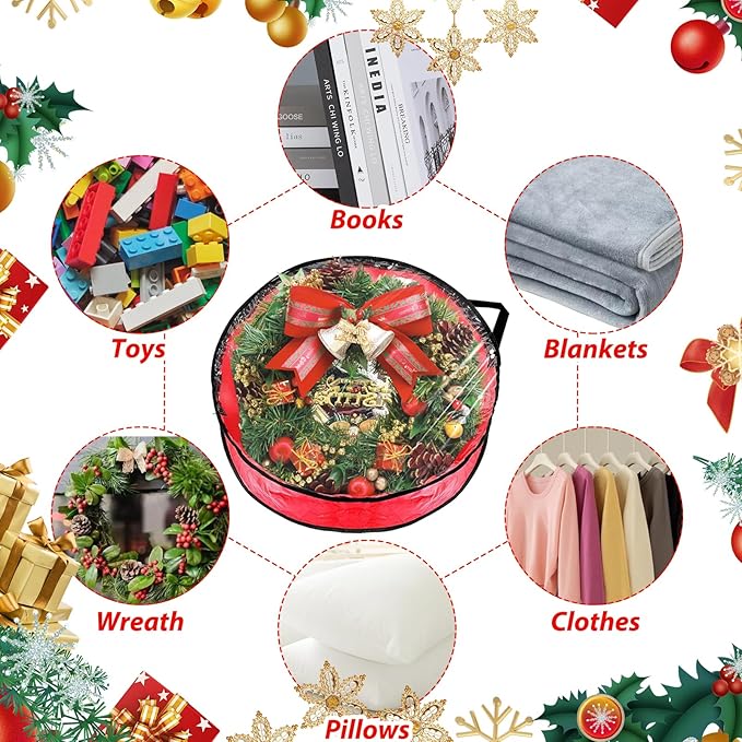 6 Pack Wreath Storage Container, 30" Christmas Wreath Storage Container, Plastic Decorative Wreath Storage Bag with Sturdy Handles for Holiday Seasonal Wreath, Red