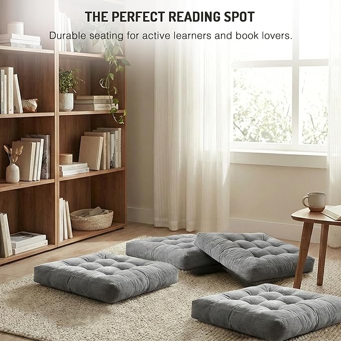 Meditation Floor Pillow Set of 2, Square Large Pillows Seating for Adults, Tufted Corduroy Cushion for Reading Nook, Classroom and Living Room, Grey, 22x22 Inch