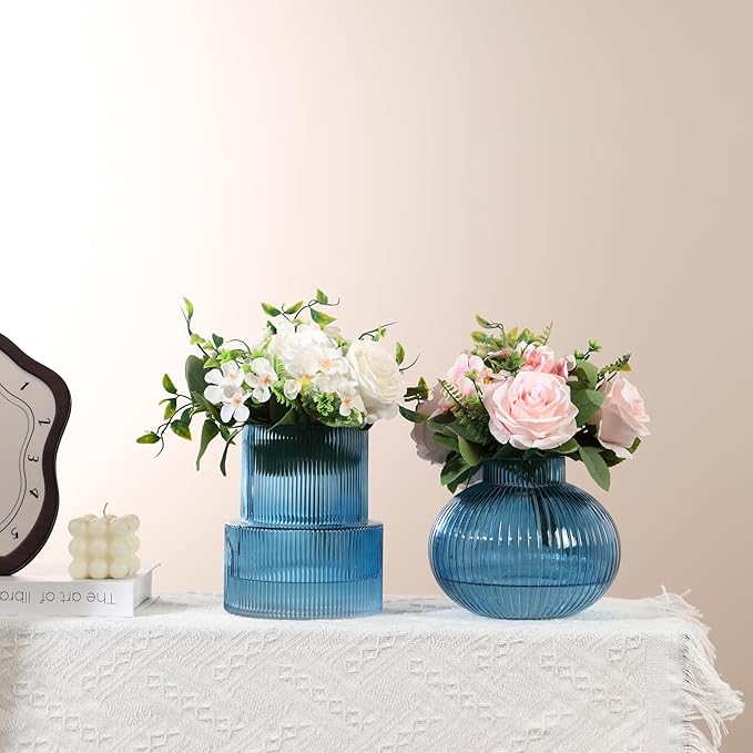 Ribbed Glass Vases, Set of 2 Fluted Vases for Flowers, Blue Glass Vase for Tulips, Modern Vase for Living Room, Kitchen, Office, Entryway, Mantle, Bookshelf, Wedding Gifts, Birthday