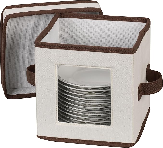 Household Essentials Saucer Storage Box, Holds 12 Saucers with Felt Protectors, Windowed Panel, 2 Riveted Handles, Foldable and Stackable Box