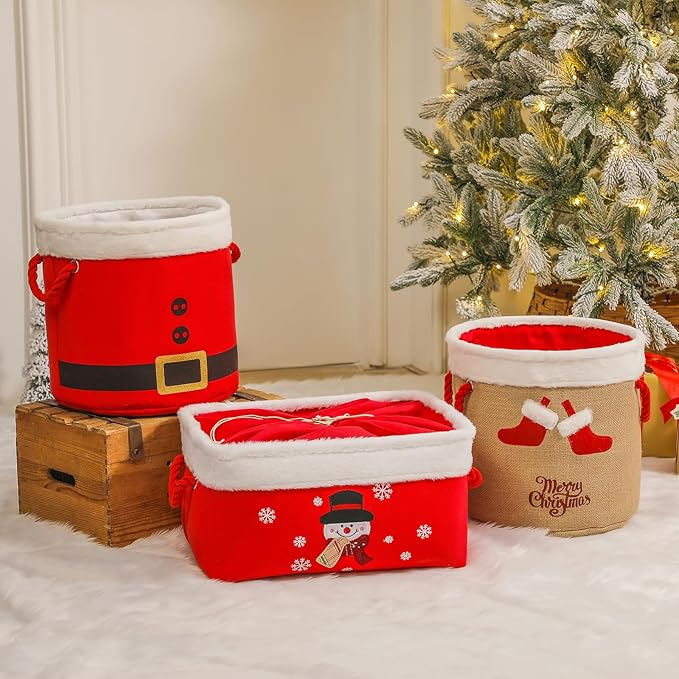 Christmas Bucket Xmas Buckets Jute Ornaments Storage Basket for Christmas Game Organizer Tin with Handles, Gift Basket Empty Decorative Kitchen Candy Bars for Xmas Winter Holidays Party Favors