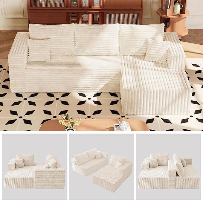92.5" Cloud Sectional Boneless Couches for Living Room, Modular L Shaped Couch with Deep Seat Oversized Right Facing Chaise, Memory Foam Compressed Spineless 3 Seater Sofa for Apartment | Boneless Compressed, Sofa in a Box, Cloud Couch, Deep Seats, No ...
