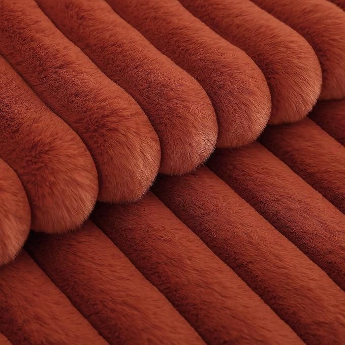 decorUhome Cozy Faux Fur Throw Pillow Covers 24x24 Set of 2 Decorative Soft Plush Striped Modern Farmhouse Boho Couch Euro Sham Pillow Cases with Velvet Back for Sofa Bed Living Room, Rust