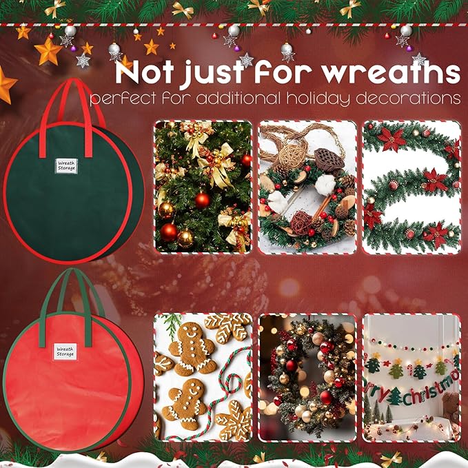 Criusia Wreath Storage Container, 2 Pack Christmas Wreath Storage Bag with Sturdy Handle, Two-way Zipper,Durable Wreath Storage Organizer Box for Holiday Decoration (Green, 36"x8")
