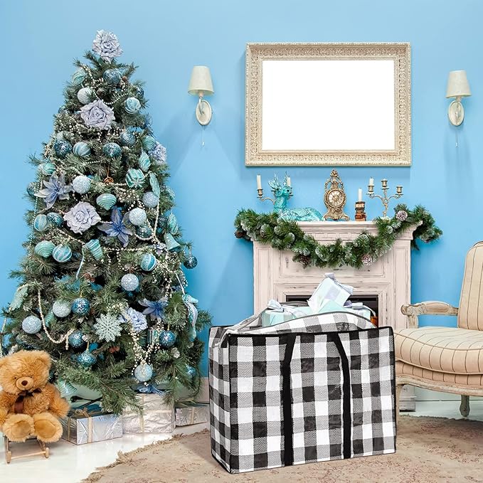2 Pcs Christmas Ornament Storage Bags Christmas Tree Storage Bags 27 x 20 Inch Ornaments Bag with Zipper Xmas Heavy Duty Containers for Xmas Trees Baubles(Black-White,Plaid)
