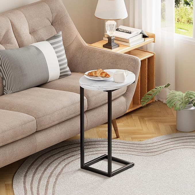 C Shaped End Side Table, Small Oval Couch Sofa Table for Bed, Snack Side Table with Metal Frame, TV Tray Table with White Marble for Small Space, Living Room, Bedroom, Bedside, Black
