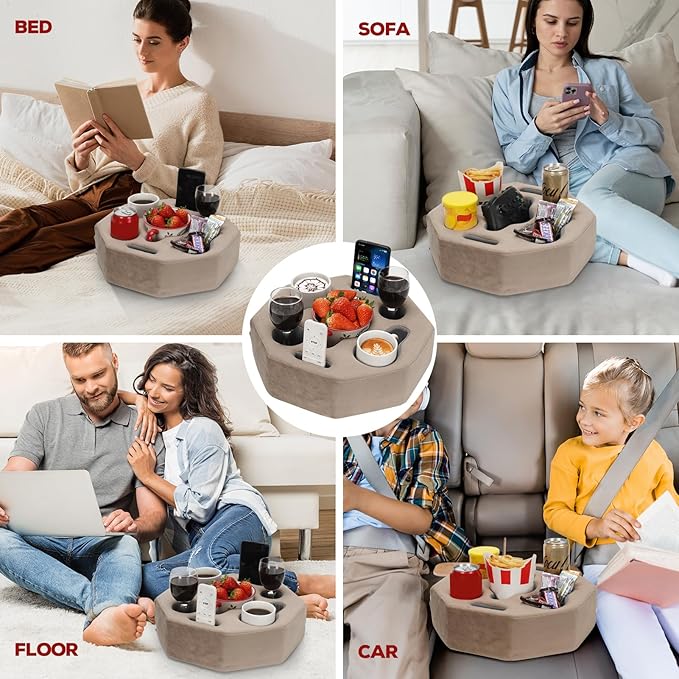 Couch Cup Holder Pillow, Octagon Caddy for Coffee, Phone, Remote - Drink Holder Tray for Bed, Car, Sofa, Table