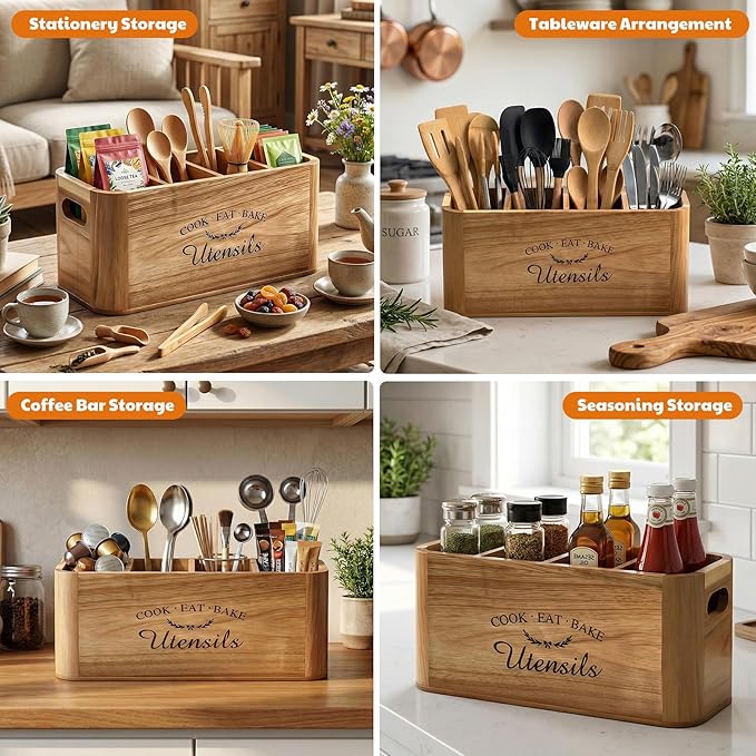 Wooden Kitchen Utensil Holder Organizer for Counter or Countertop, Acacia Utensil Holder with Magnetic Strip for Knife, Cooking and Silverware Storage(4 Compartment, Extra Large)