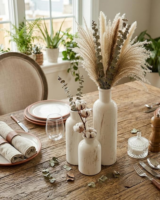 White Ceramic 3 Piece Vase Set, Vintage Farmhouse Decorative Home Decor Vases for Living Room & Kitchen, Distressed Crackle Glaze Flower Vases for Table Bookshelf Mantel & Office