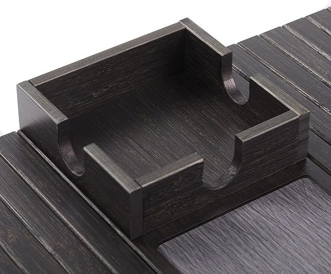 Detor Couch Cup Holder Tray with Super Anti-Slip Pad, Large 4.5" x 4.5" Organizer, Black-Stained Bamboo Finish, Enhanced Non-Slip Felt Base, Durable Bamboo Slats, Fits Armrests 5.5" and Wider