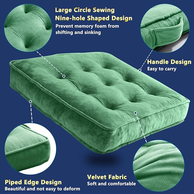 1 MIDDLE ONE Floor Pillow Set of 2, Memory Foam Meditation Cushion, Floor Cushions for Adults Sitting, Large Square Seat Cushions for Yoga, Living Room, 22x22 Inch (Green)