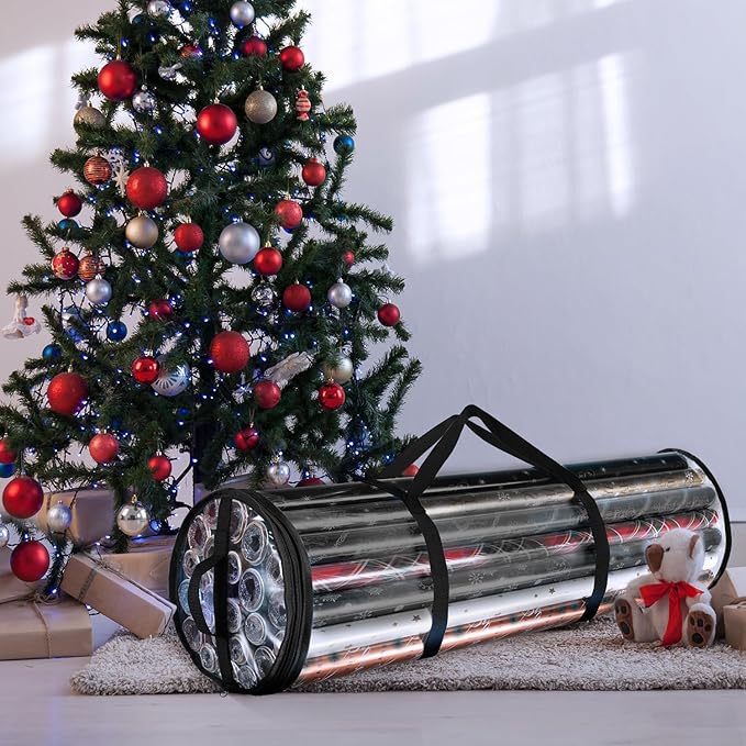 Hearth & Harbor Wrapping Paper Storage Container - Clear Wrapping Paper Holder Fits Up To 14 Rolls of 40" - Tear Proof Gift Wrapping Organizer Storage - Premium Christmas Storage Bag For Easy Carrying