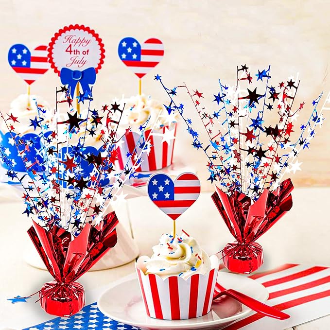 FUBININA 6 Pack 4th of July Table Centerpiece Decoration Metallic Foil Spray Star Burst Patriotic Decor 250th Anniversary Independence Day Labor Veteran Memorial Day Party Supplies, Red White and Blue