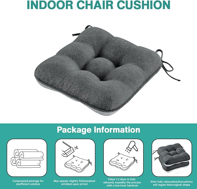 BETU Chair Cushions for Dining Chairs Set of 4,3.5" Thick Kitchen Table Chair Pads with Ties,Non Slip Backing and Covers, Seat Cushion for Dining Room,Bar,Patio Chairs,16"X16"X3.5",Dark Grey